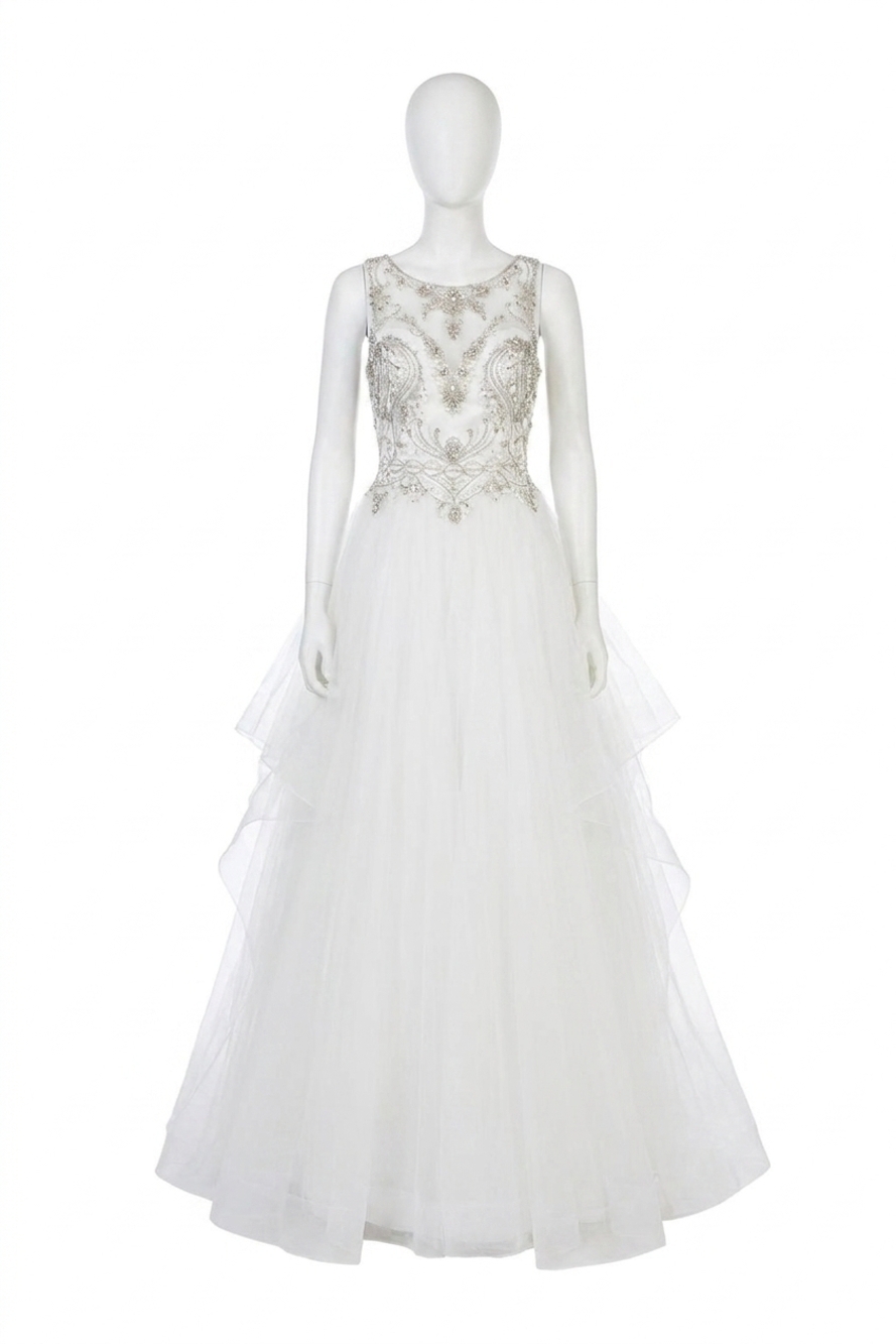 NEW TERANI COUTURE beaded sheer illusion prom dress in ivory